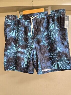 Men's Teal Blue And Black Tie-Dye Swim Trunks Us Size XL